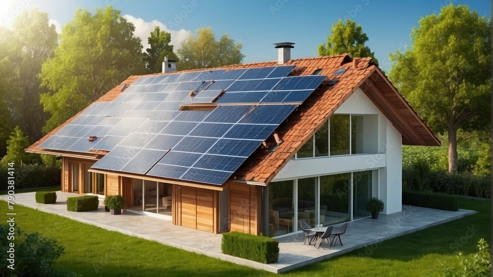 Modern eco friendly house with solar panels on a sunny day Modern eco friendly house with solar panels on a sunny day
