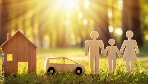 Familie mit Haus und Auto auf einer grüne wiese aus Holz. 