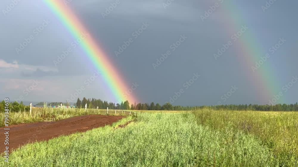 A double rainbow on a rainy spring day. A multicolored rainbow over a floral green field in the Perm Region. A rainbow against a cloudy sky. A double rainbow on a rainy spring day. A multicolored rainbow over a floral green field in the Perm Region. A rainbow against a cloudy sky.