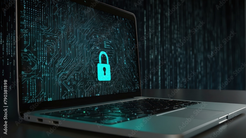Laptop with a lock symbol on screen against a binary code backdrop ...