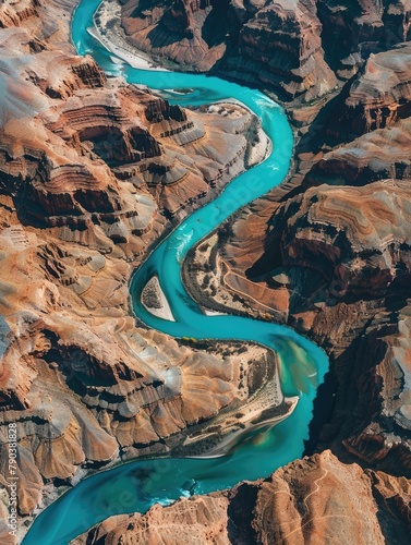 Grand Canyon aerial with Colorado River - A breathtaking aerial photograph showcasing the vibrant Colorado River winding through the layered red rock formations of the Grand Canyon photo