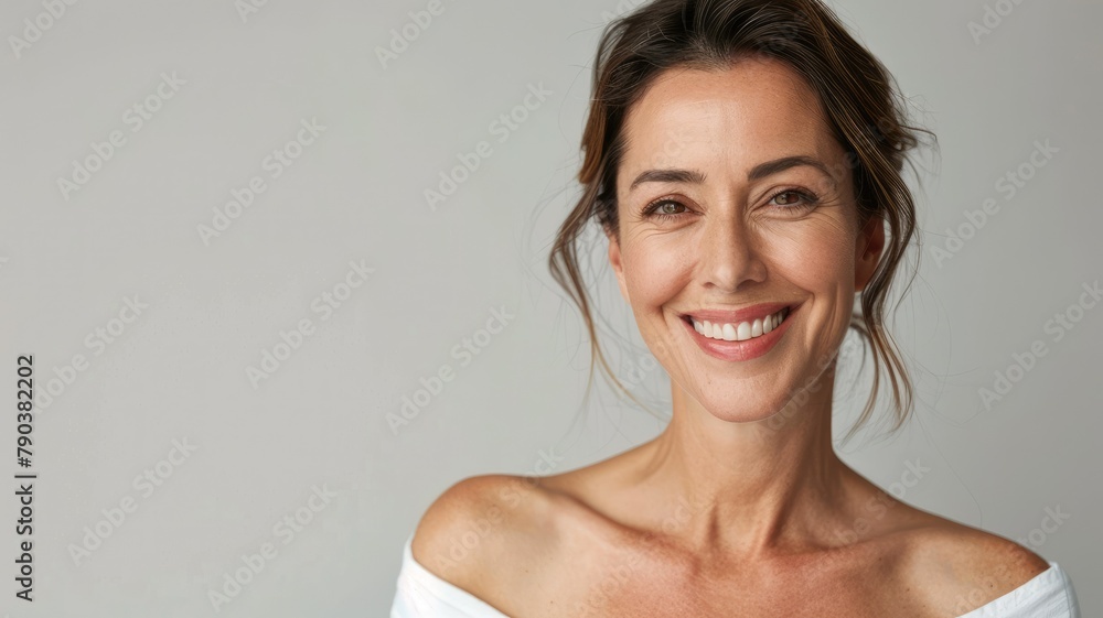 Portrait of a smiling brunette woman - A close-up portrait of an attractive brunette woman with a warm smile, radiating confidence and happiness Portrait of a smiling brunette woman - A close-up portrait of an attractive brunette woman with a warm smile, radiating confidence and happiness