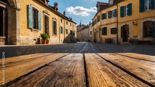 Sunlit courtyard with a close up of wooden planks