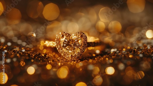 Heart-shaped diamond ring on sparkling surface - A heart-shaped diamond ring brilliantly shines atop a glittering gold surface, suggesting luxury and romance © Tida