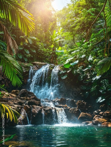 Tropical Waterfall with Sunlight Streaming - A hidden gem in a dense jungle, this enchanting waterfall is lit by sunlight, surrounded by rich greenery and exotic plants