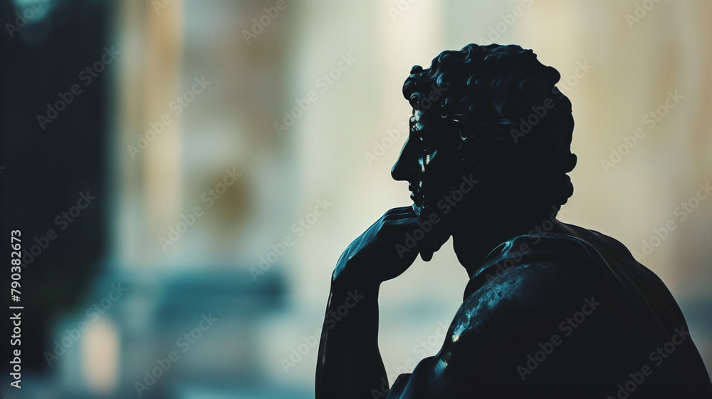 A black silhouette of a philosopher's statue against a light background for a bold, dramatic effect. , natural light, soft shadows, with copy space, blurred background