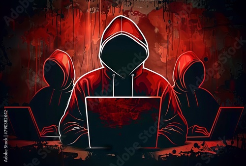 three red men with hoods using laptops