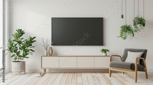 A living room with a large flat screen TV mounted on the wall. A wooden entertainment center with a white cabinet and a grey chair. A potted plant is on the floor next to the TV. The room has a modern