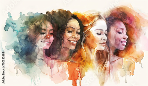 watercolor portrait of women with different colors