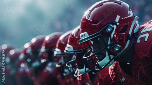 Intense American Football Team Players in Red Helmets Lined Up photo