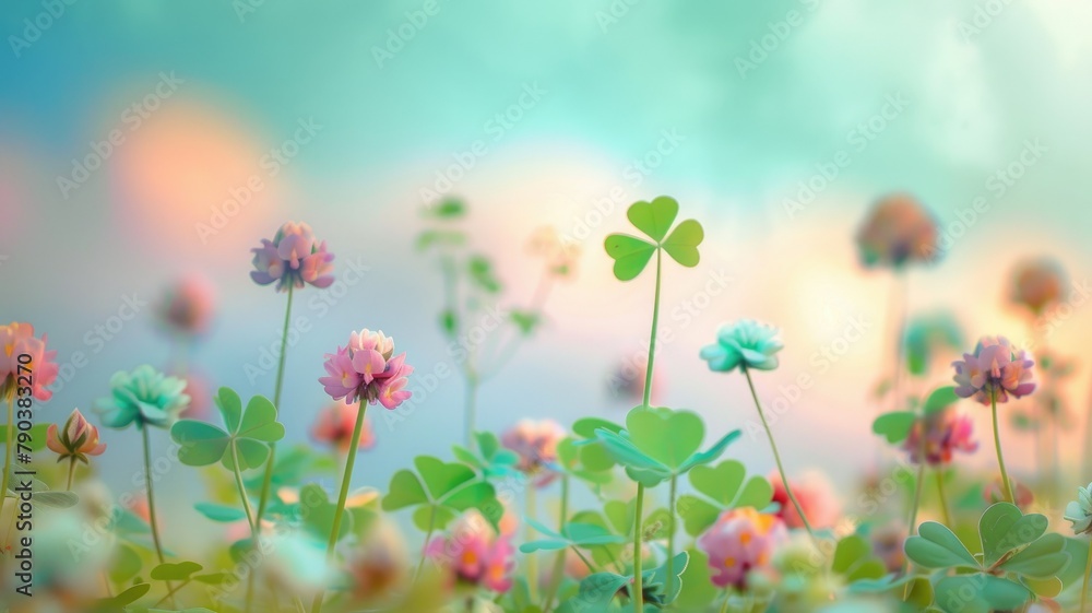 Dreamy field with clover and flowers - A whimsical, soft-focus scene of clovers and flowers with a dreamlike quality and pastel colors in a springtime meadow