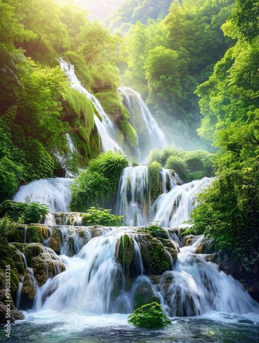 Sunny green landscape with waterfalls - A vibrant  green landscape featuring multiple waterfalls cascading down the lush terrain illuminated by sunlight
