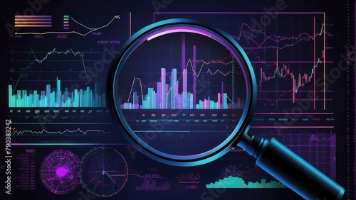 Futuristic financial charts under a magnifying glass