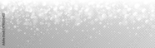 Bokeh silver light. Shiny blur effect. Bright white circles. Christmas blurred lights. Luxury glitter texture. Greeting card wide template. Elegant soft shine. Vector illustration.