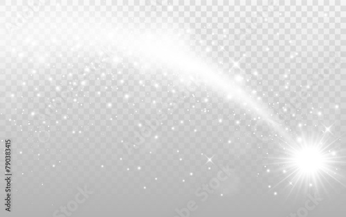 Light glow. Silver shine effect. Glittering star with white trail. Sparkling wave with shiny dust. Bright comet with particles. Glamour shooting star. Vector illustration.
