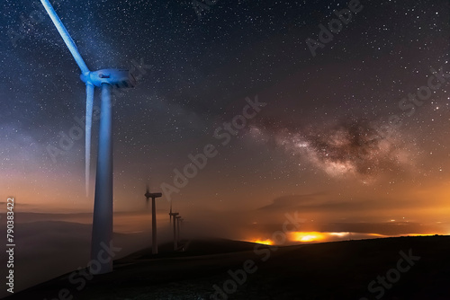 Milky Way over the wind turbines at the top of Picon Blanco, in Espinosa de los Monteros, Burgos, a cloudless night with a starry sky
