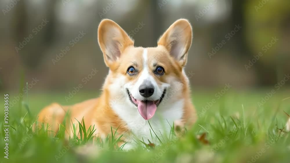 happy corgi dog lying on grass in park, cheerful pet outdoor concept happy corgi dog lying on grass in park, cheerful pet outdoor concept