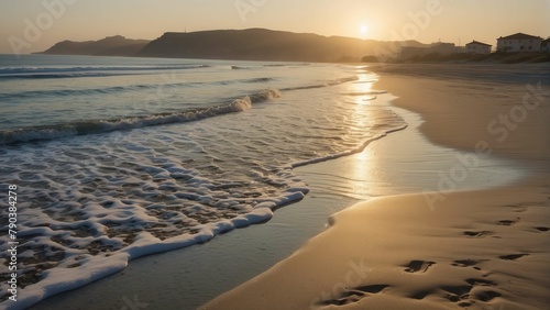 Footprints leading along tranquil beach at sunrise