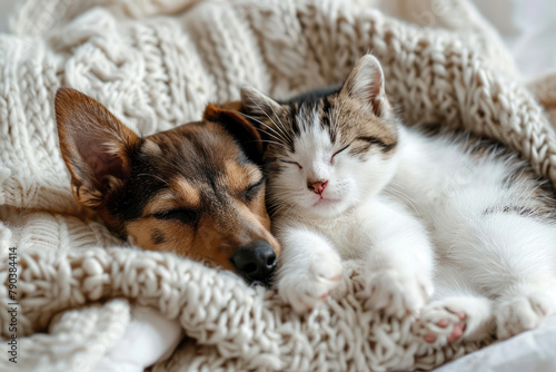 Cute cat and dog lie together (AI Generated) 