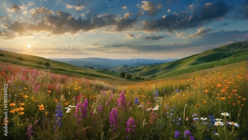 Blooming wildflowers on rolling hills at sunset