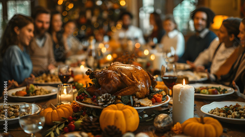 A festive Thanksgiving Day party with a bountiful feast and autumn decorations.