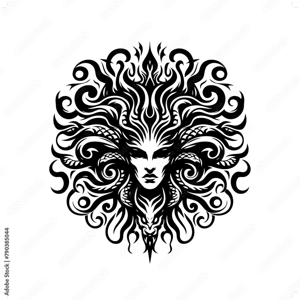 medua; mythology creature in modern tribal tattoo, abstract line art, minimalist contour. Vector