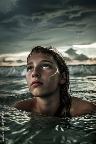 a girl, with head up, in the ocean with a dark horizon photo