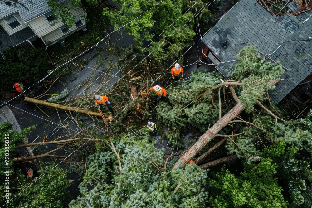 Cleanup Crew Removing Storm Debris from Residential Streets - obrazy, fototapety, plakaty 