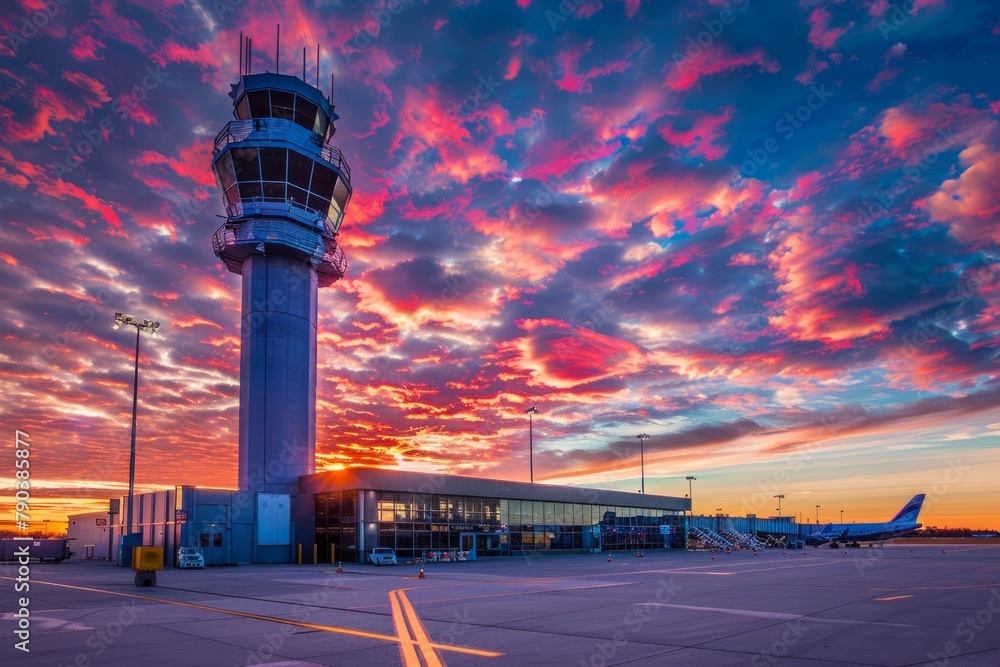 Dramatic Sunset Sky over Airport Tarmac with Parked Airplanes