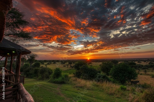 African Safari Lodge Sunset with Dramatic Sky and Wildlife photo