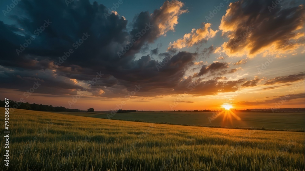 Serene sunset over a tranquil field with vivid clouds