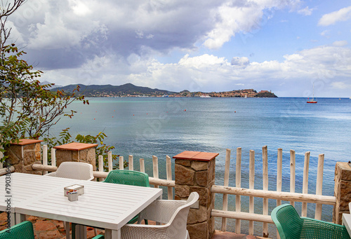 View from Ottonella Beach to the skyline of Portoferraio, Elba island, Italy