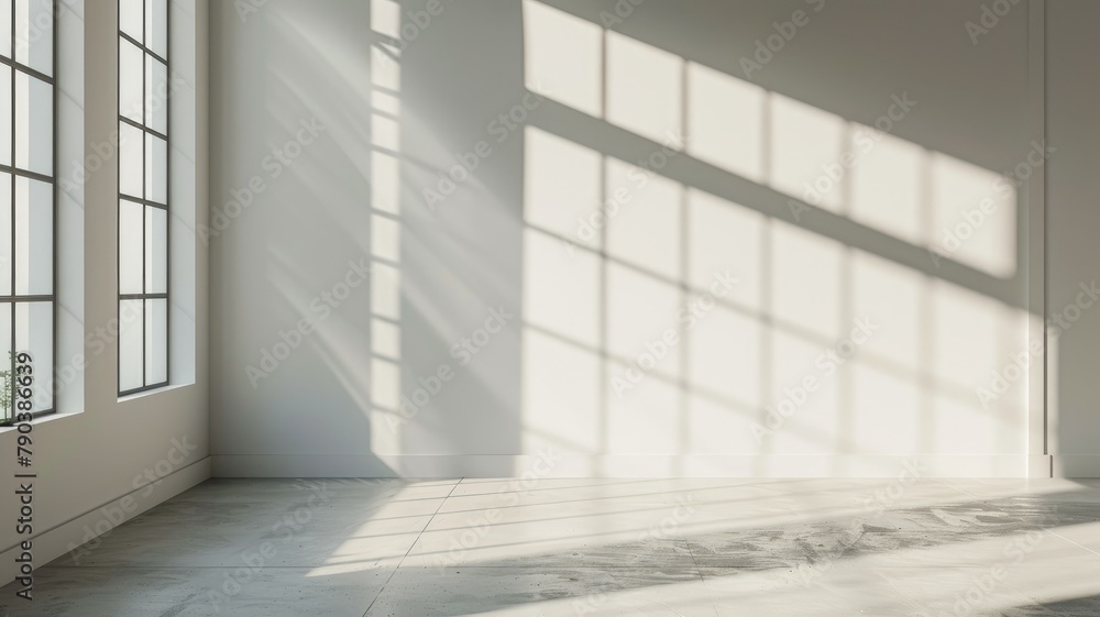 Empty room with sunlight through large windows - An empty room with white walls and large windows casting shadows on the floor, illustrating solitude and calmness Empty room with sunlight through large windows - An empty room with white walls and large windows casting shadows on the floor, illustrating solitude and calmness