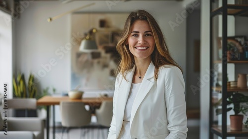 Confident businesswoman smiling in open office - An attractive businesswoman smiles confidently in a modern open-concept office environment photo