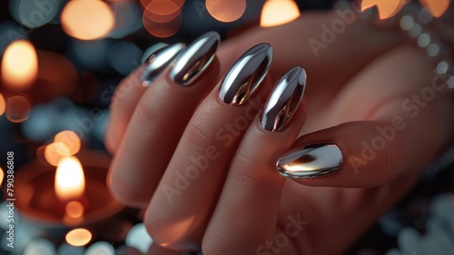 Mirror-like chrome nail polish with bokeh effect - An intricate close-up of brilliant chrome nail polish with a reflective surface, captured with a bokeh light background © Tida