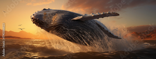 Majestic Humpback Whale Breaching During Sunset with Birds Flying