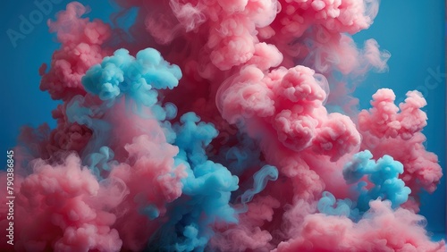 Vibrant pink and blue smoke clouds create a dreamy abstract scene