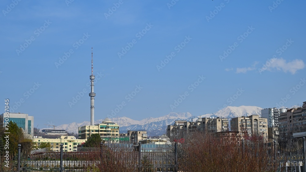 Almaty city panoramic view on a sunny spring day