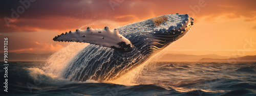 Majestic Humpback Whale Breaching at Dusk with Cloudy Sky photo