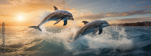 Playful Dolphins at Sunrise in Ocean Waves