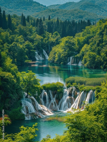 Idyllic waterfalls in a forested mountain valley - Majestic multiple waterfalls cascade into a tranquil lake amidst a forested mountain valley in this breathtaking landscape