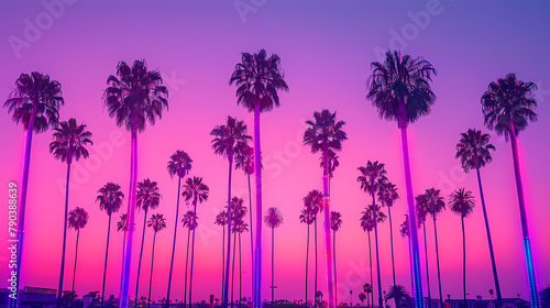 Tropical palm trees silhouette against a dreamy pastel sky with whimsical clouds and a vibrant cyan and magenta hues,pop art photo