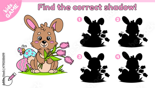 Educational kids Easter game. Find the correct shadow. Cartoon rabbit holding tulips in his paws. Happy hare sits on the grass near Easter eggs. Activity book for school children. Vector illustration.