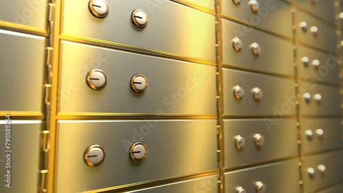 golden safe deposit boxes in a bank vault room seamless loop photo
