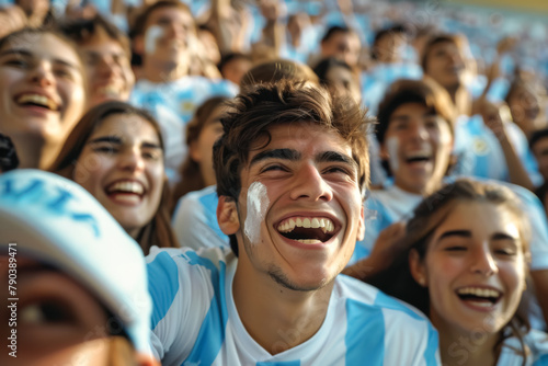 Argentine football soccer fans in a stadium supporting the national team, Albiceleste, Gauchos
 photo