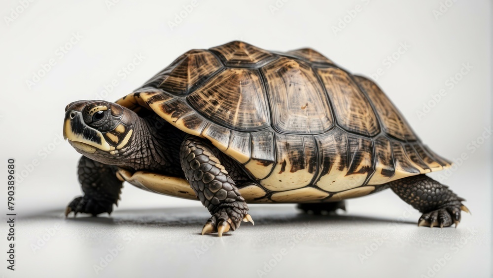 Fototapeta premium A detailed close up of a tortoise against a neutral background