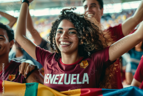Venezuelan football soccer fans in a stadium supporting the national team, La Vinotinto 