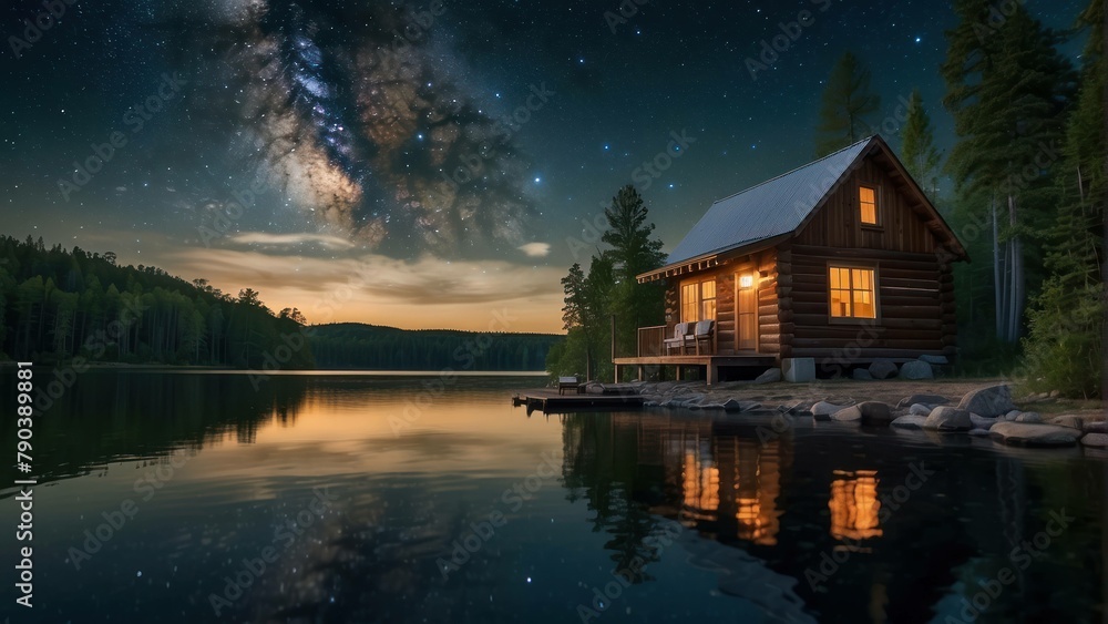 Starry night over a secluded lake cabin