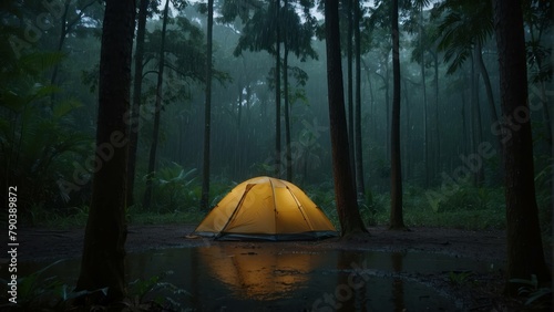 Illuminated tent in a serene forest at twilight