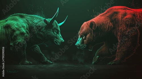Bullish and bearish market illustration. Bull vs Bear. Digital art © Meta